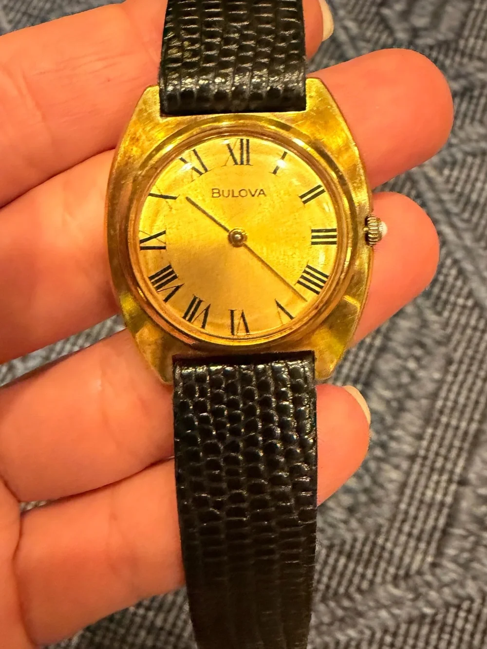 Bulova Gold Dial Dress Watch with Black Leather Strap